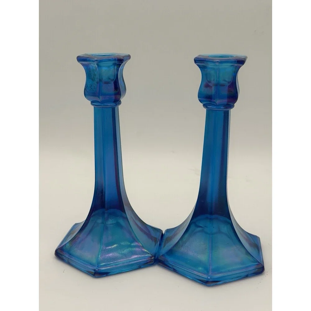 Fenton Florentine Celeste Blue Iridescent Carnival Art Glass Candle Sticks
